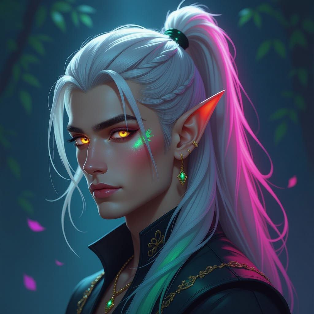 Elven Male with Golden Eyes and Neon Pink Ponytail