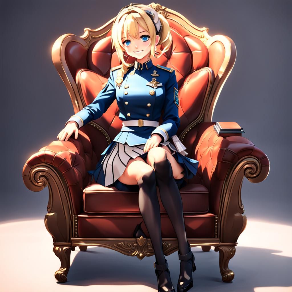 Smiling blonde anime girl in military uniform with skirt sitting in fancy chair, By artist "anime", 3d anime art, inspir...