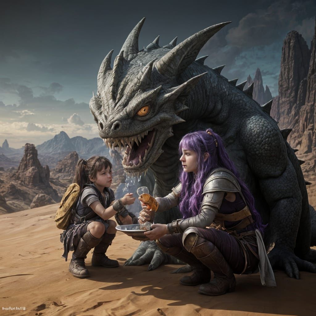 Dwarven Girl Hydrating Dragon, Dark Fantasy Concept Art