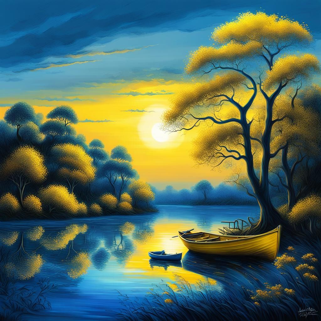 In a Dream Of Blue Soul, A landscape of dreams, a yellow boat, BLUE sunset, trees, sharp focus, beautiful composition