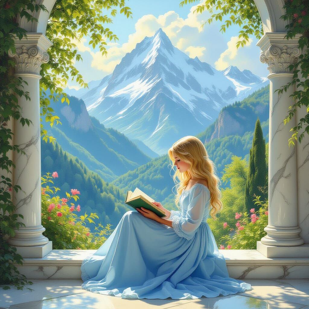 Girl Reading in Palace Courtyard by Majestic Mountain