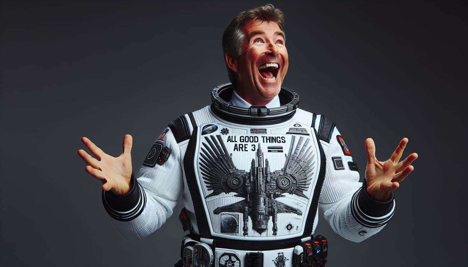 Enthusiastic Cosmonaut Waving at Sci-Fi Movie Poster