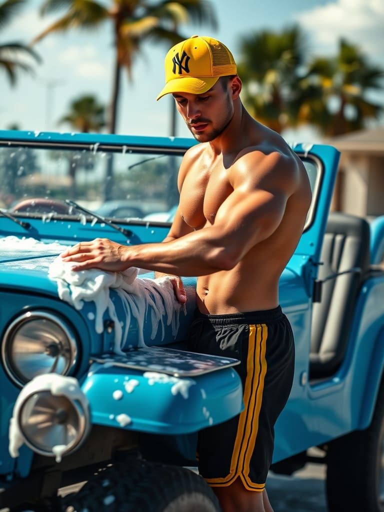 Hyper-Muscular Man Washes Vintage Car in Impressionistic Sty...