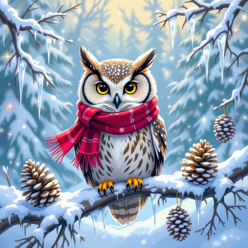 Whimsical Winter Owl with Scarf on Snowy Branch