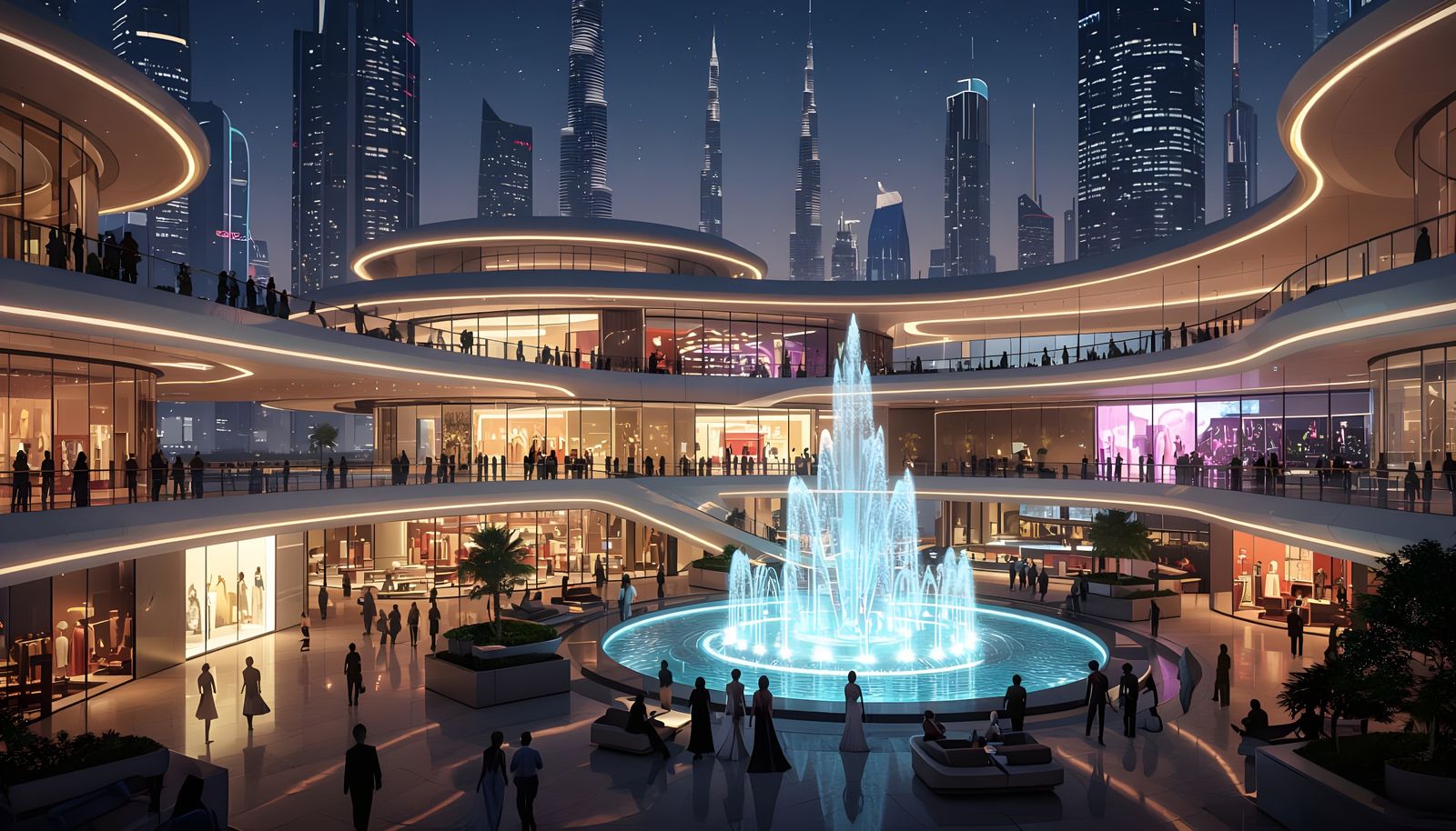 Futuristic Luxury Shopping Mall at Night in Cyberpunk Style