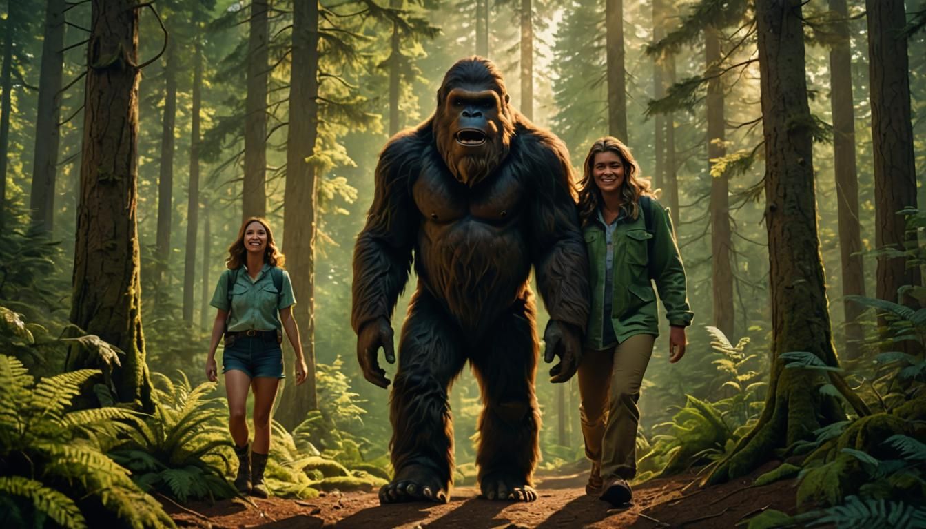 Bigfoot Photobomb in Golden Hour Forest, Digital Art