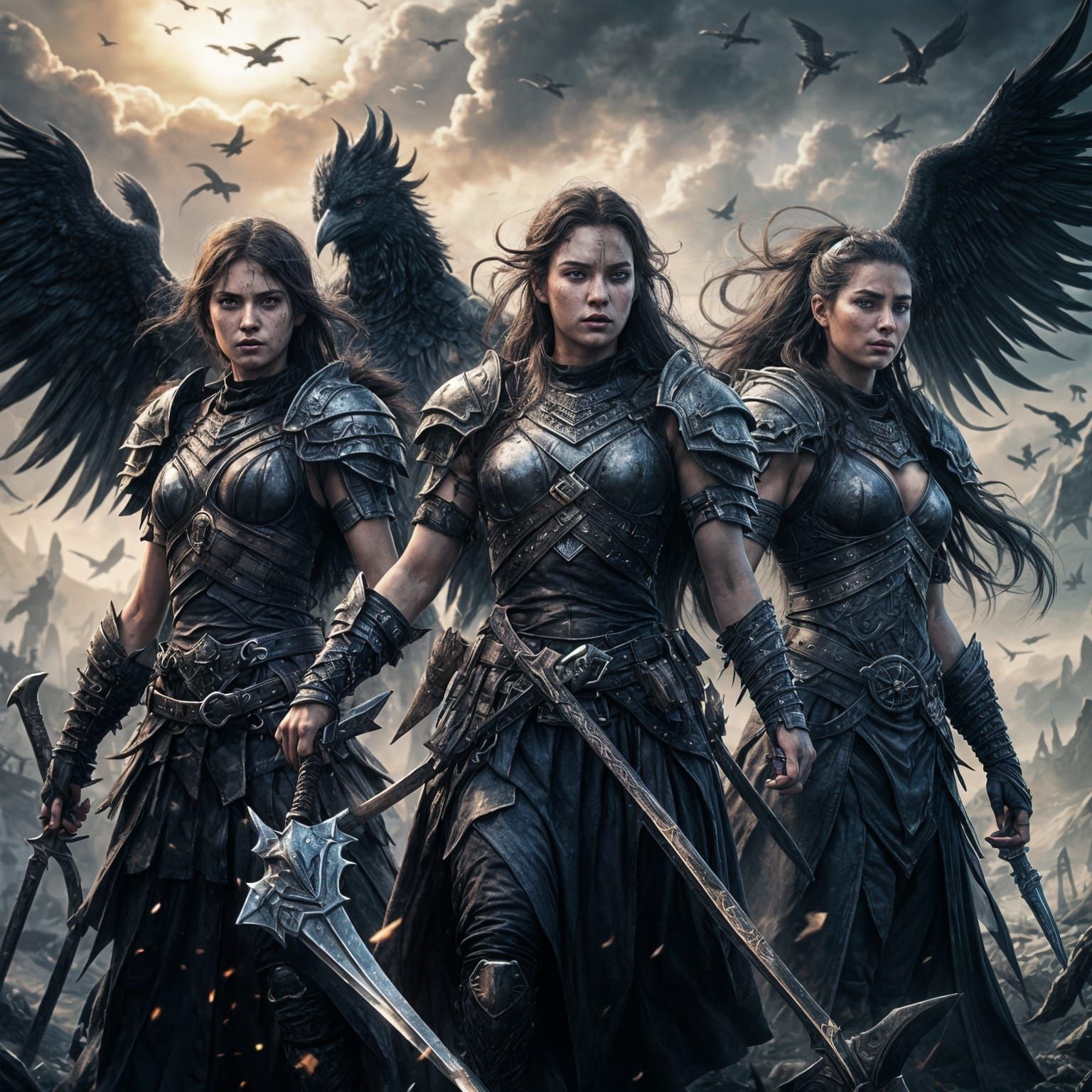 Grim Barbarian Warrior Sisters with Ravens