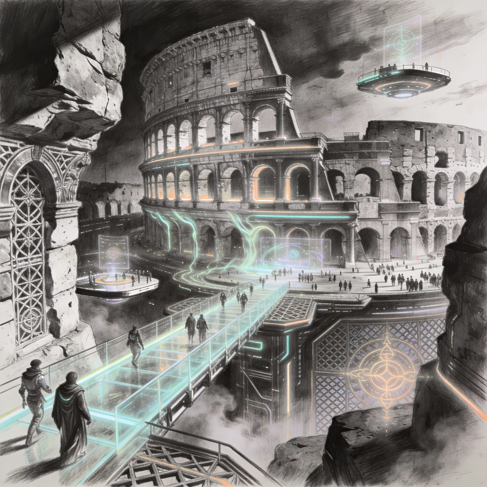 Futuristic Colosseum Reimagined in Hyperdetailed Charcoal