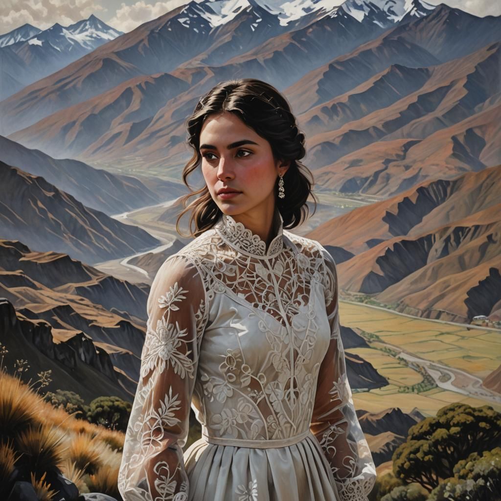 Elegant Portrait of Woman in Andes, Oil on Canvas
