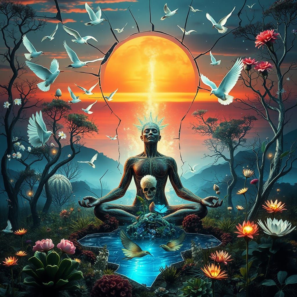 Dreamlike Collage of Mythical Creatures and Landscapes