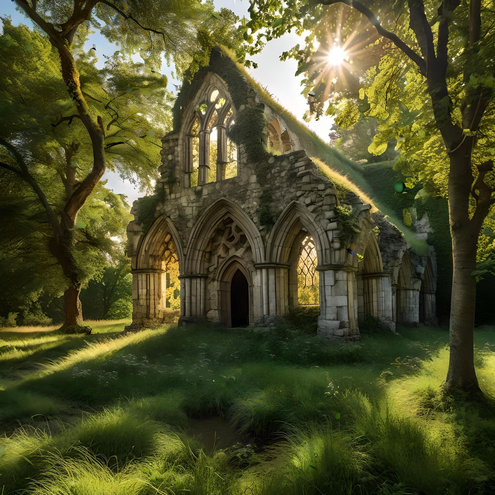 Sunlit Medieval Gothic Chapel Ruin in Limestone