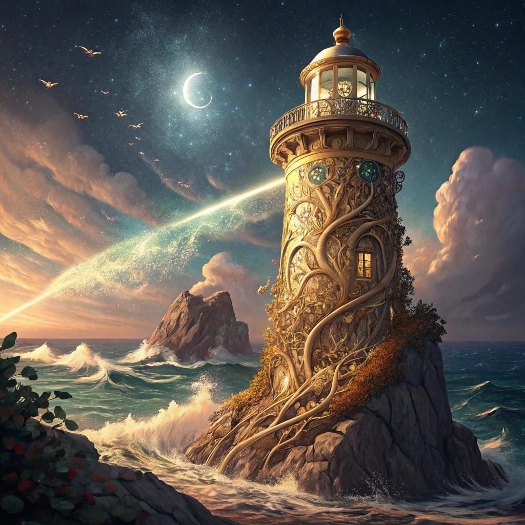 Golden Art Nouveau Lighthouse Over Dark Sea