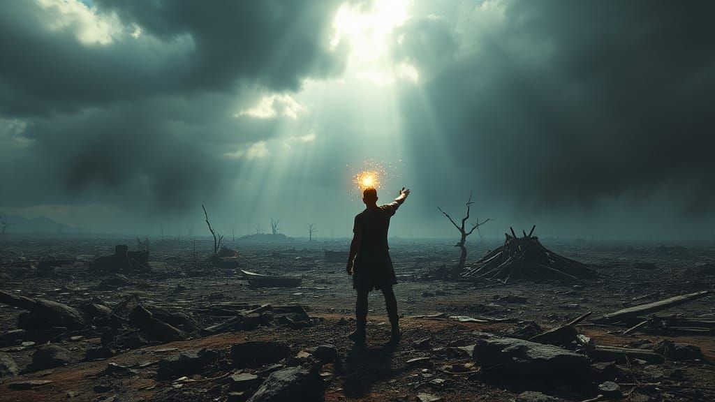 Lone Figure Holds Radiant Hope in Ruined Landscape