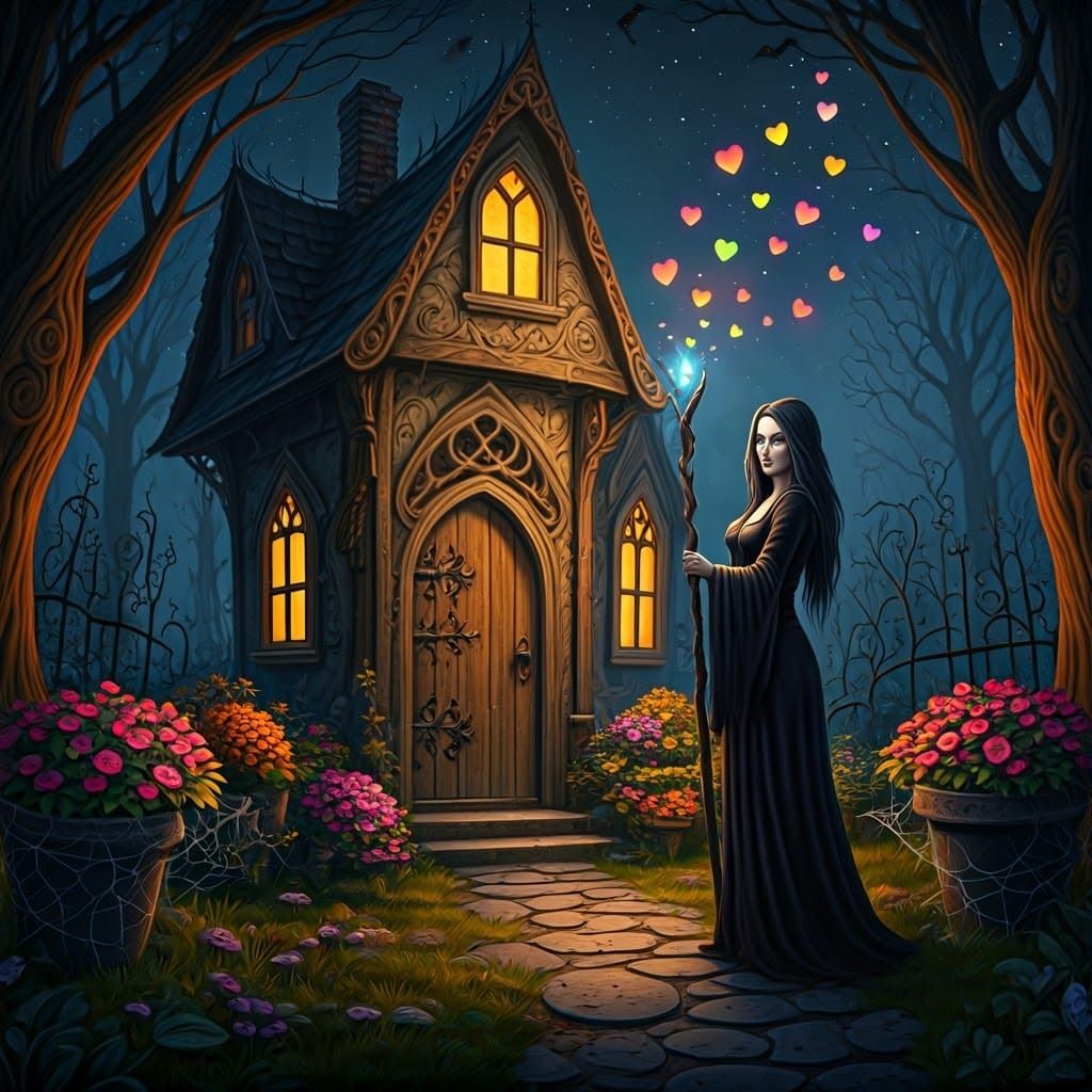 Evil Sorceress in Gothic Pumpkin House at Night