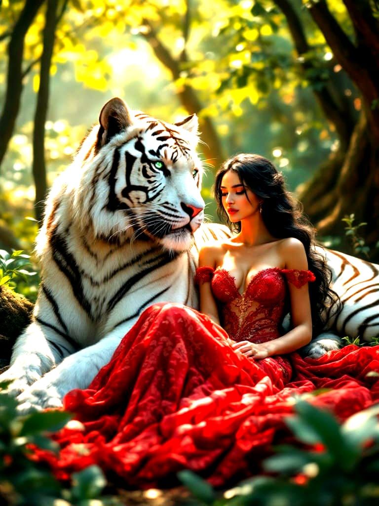 Elegant White Tiger Enchanted by a Goddess in a Lacy Red Dre...