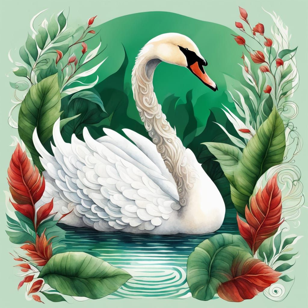 Elegant White Swan in Watercolour with Filigree Feathers