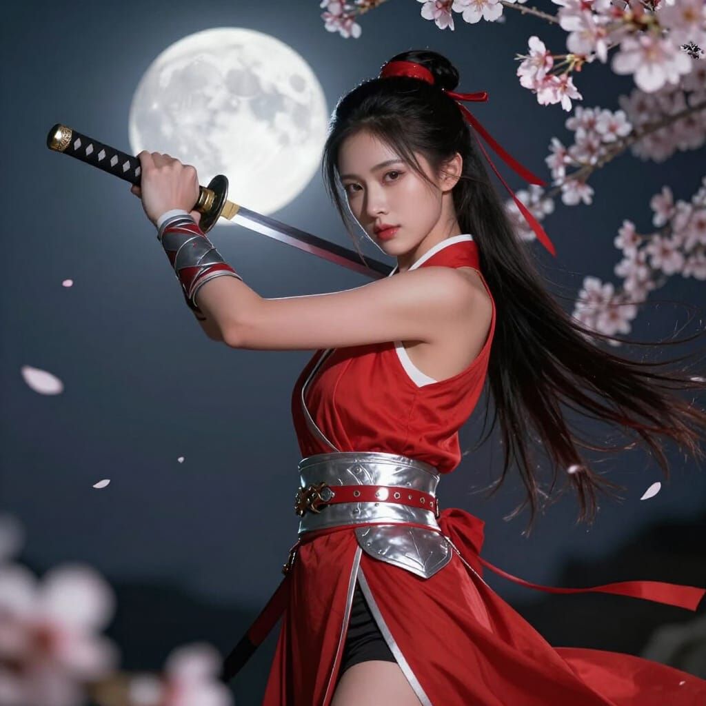 Warrior Woman with Katana Under Full Moon in Ethereal Glow