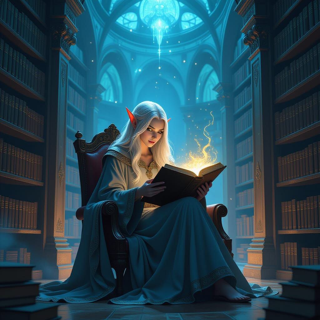 Elf in Ancient Library Under Starlit Ceiling
