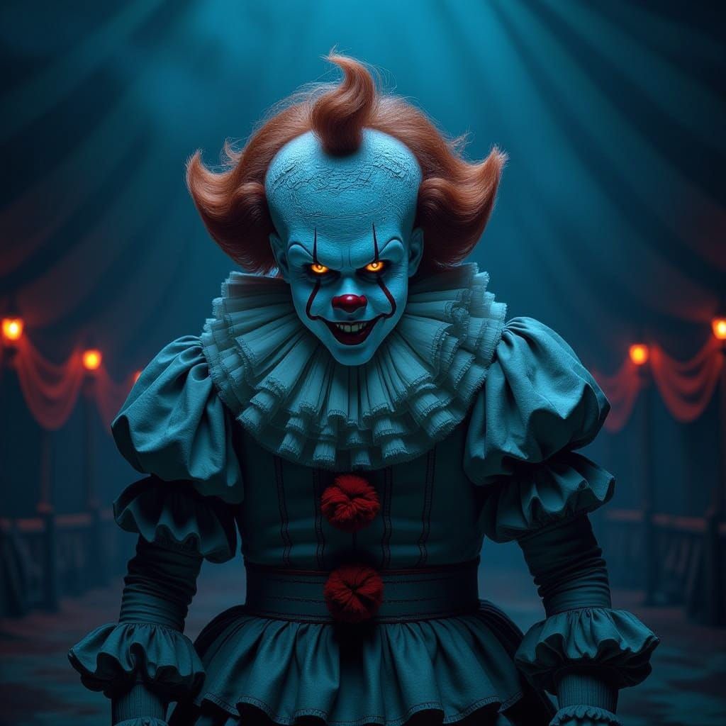 Terrifying Horror Clown in Foggy Circus Tent