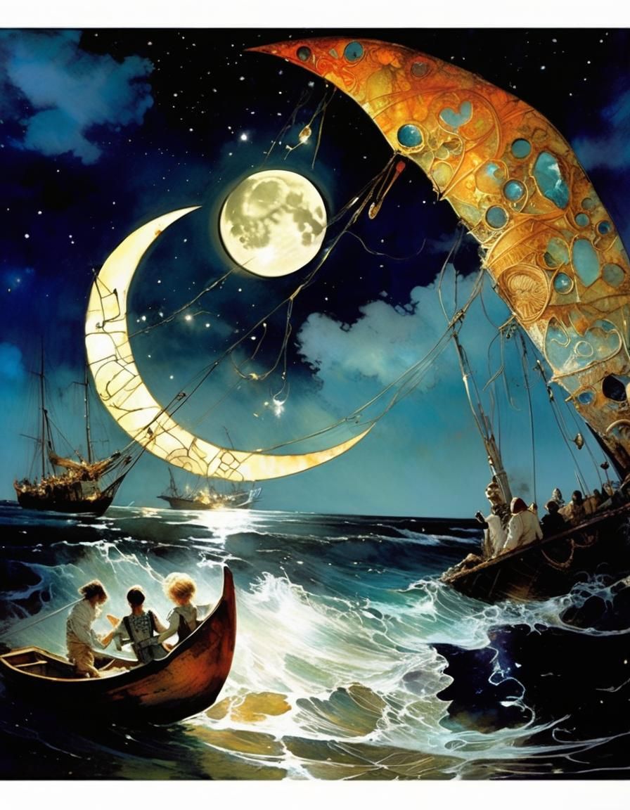 Exploding Moon Over Sea in Dramatic Night Sky