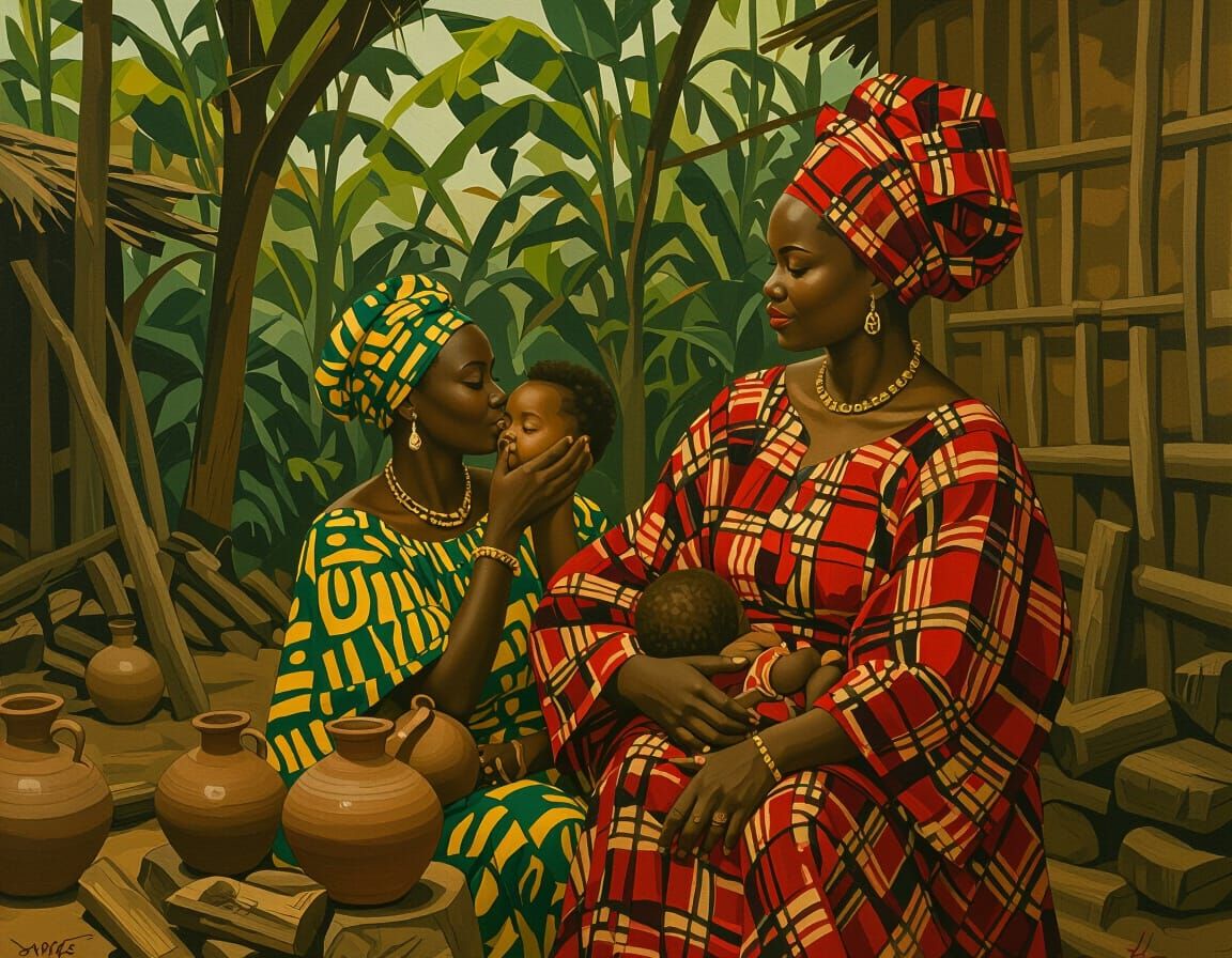 African Village Scene in Dramatic Oil Painting Style