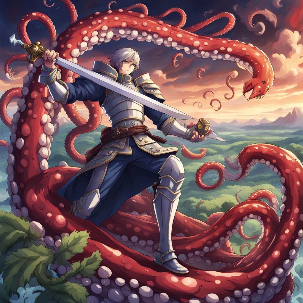 Knight Battles Tentacle While Drinking Wine in Anime Style