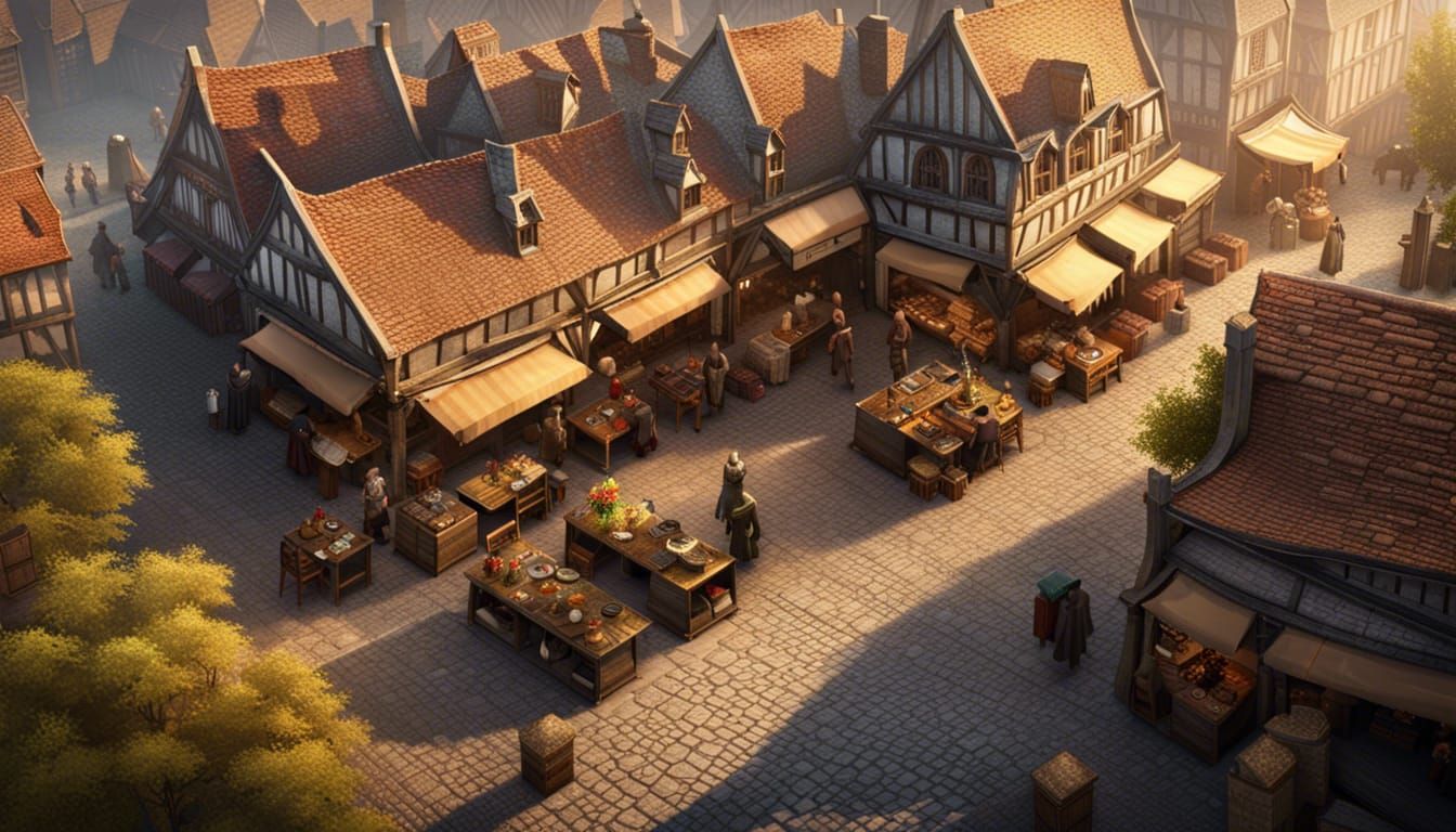 Medieval Market Square at Sunrise: Hyper-Detailed Digital Ar...