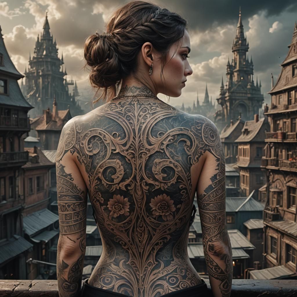 Woman with Back Tattoo: Digital Matte Painting