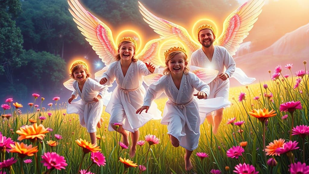Ethereal Archangels Soar Amidst Vibrant Children in Neon-Lit...