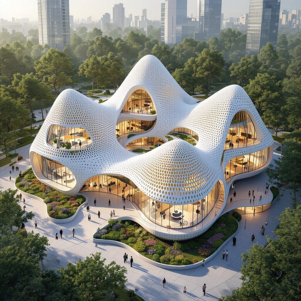 Futuristic 3D School Design with Intersecting Pyramids