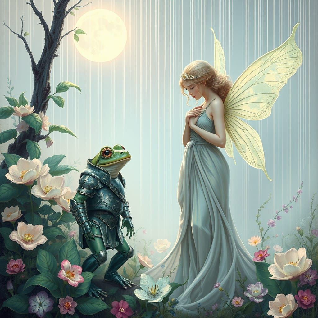 Ethereal Fairy and Frog Warrior in a Dreamlike Pastel Landsc...