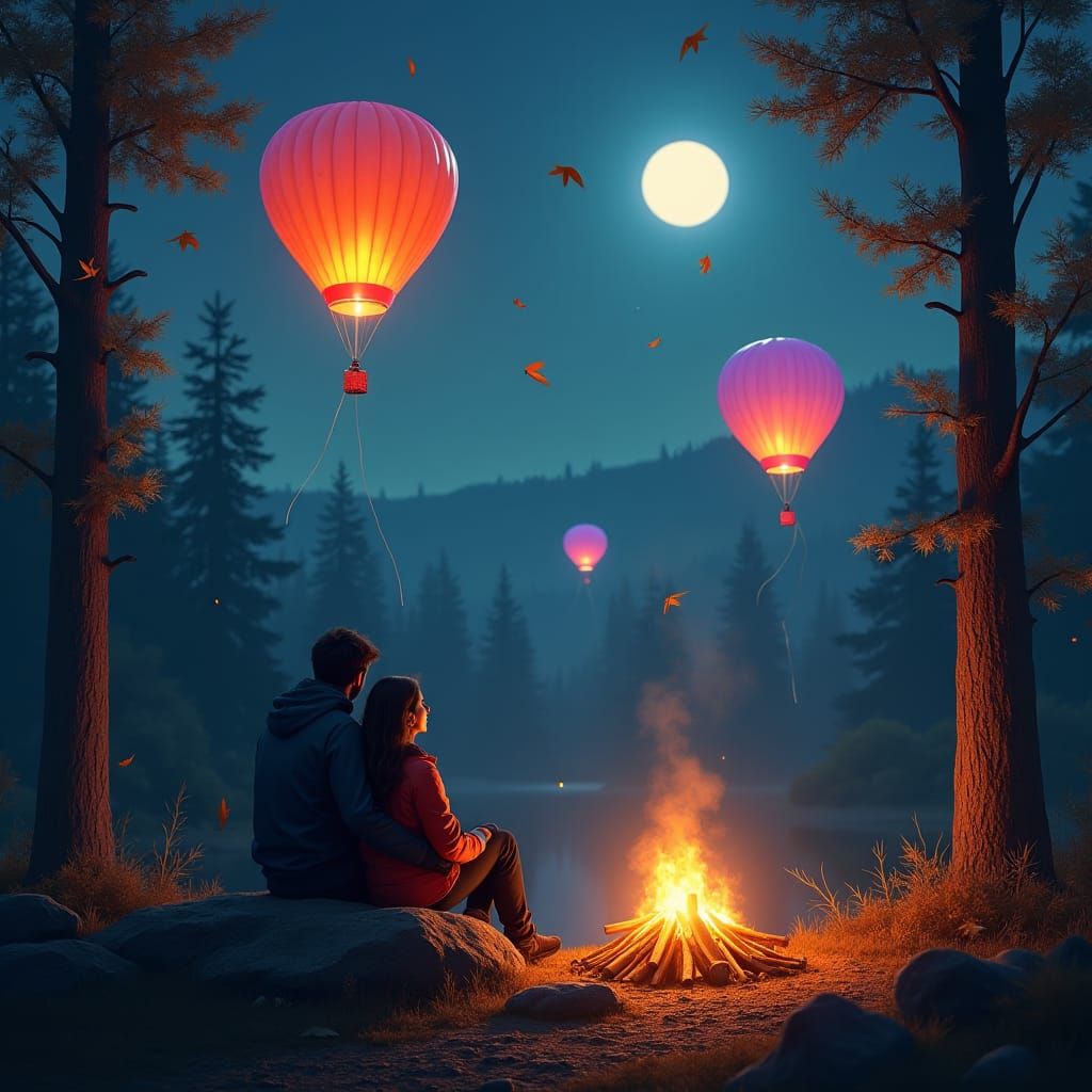 Couple by Campfire with Balloons: Dreamlike Digital Painting