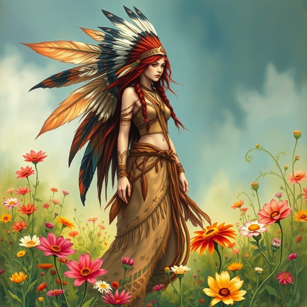 Ethereal Red Nymph in Vibrant Floral Landscape