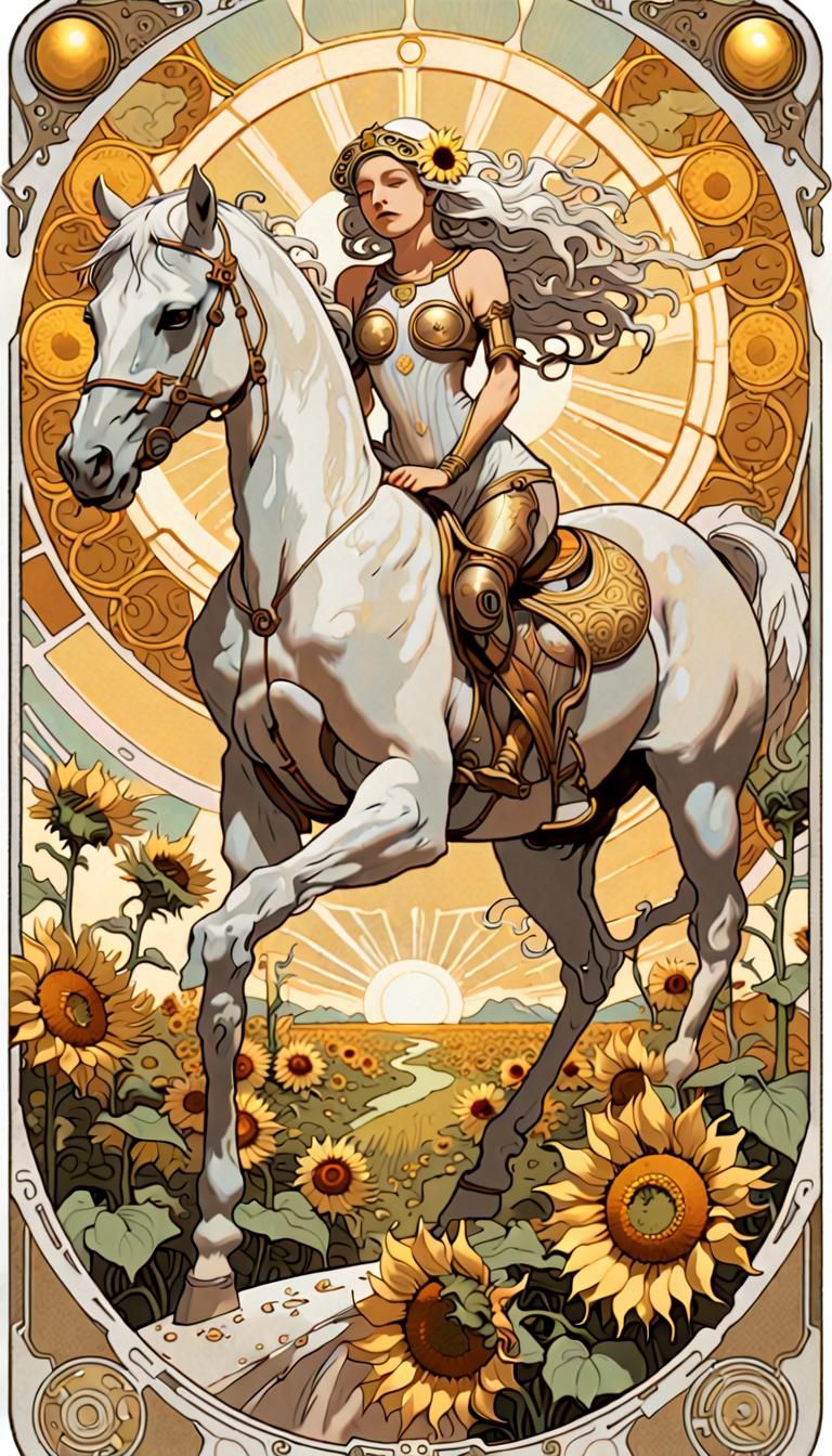 Cybernetic Sun Tarot Card in Art Nouveau Style