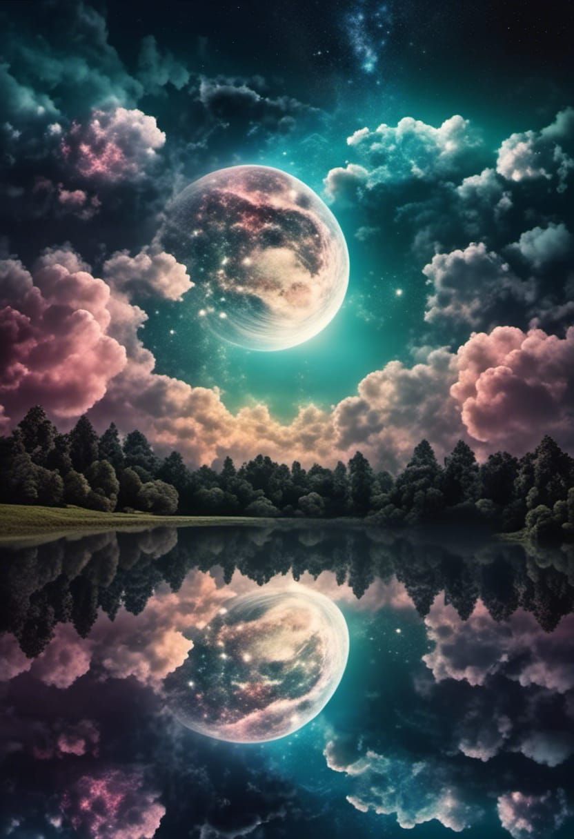 Pearlescent Moon and Galaxy Double Exposure