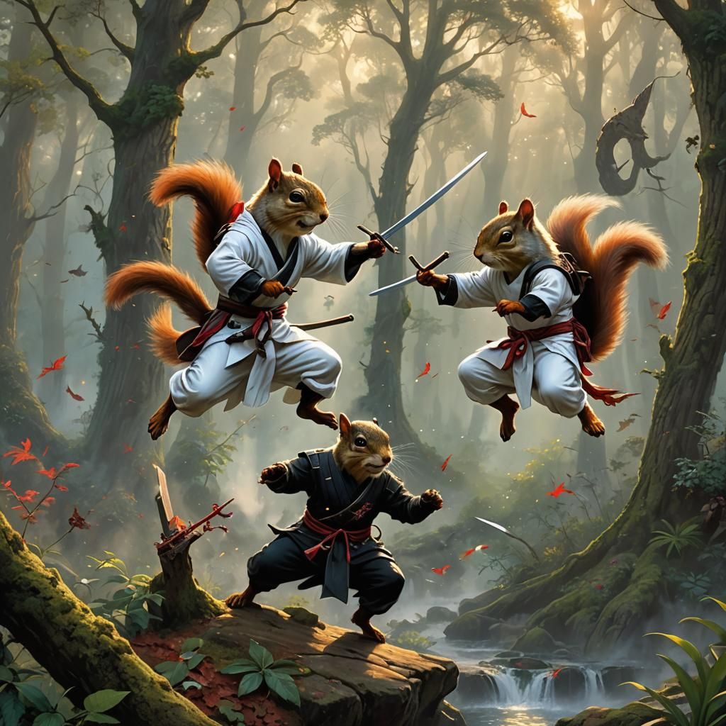 Ninja Squirrels Battle in Ancient Forest