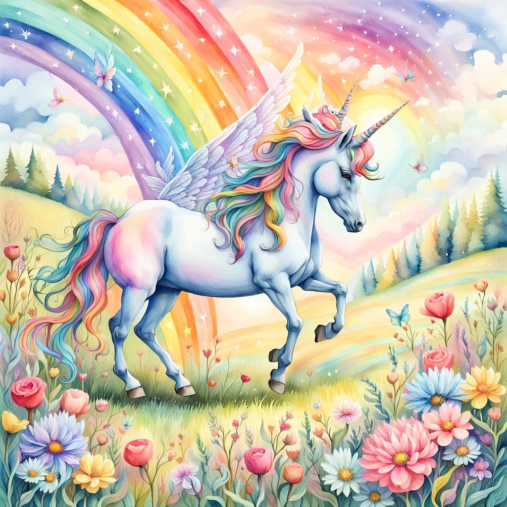 Rainbow Unicorn with Cherub Fairies in Watercolor Style