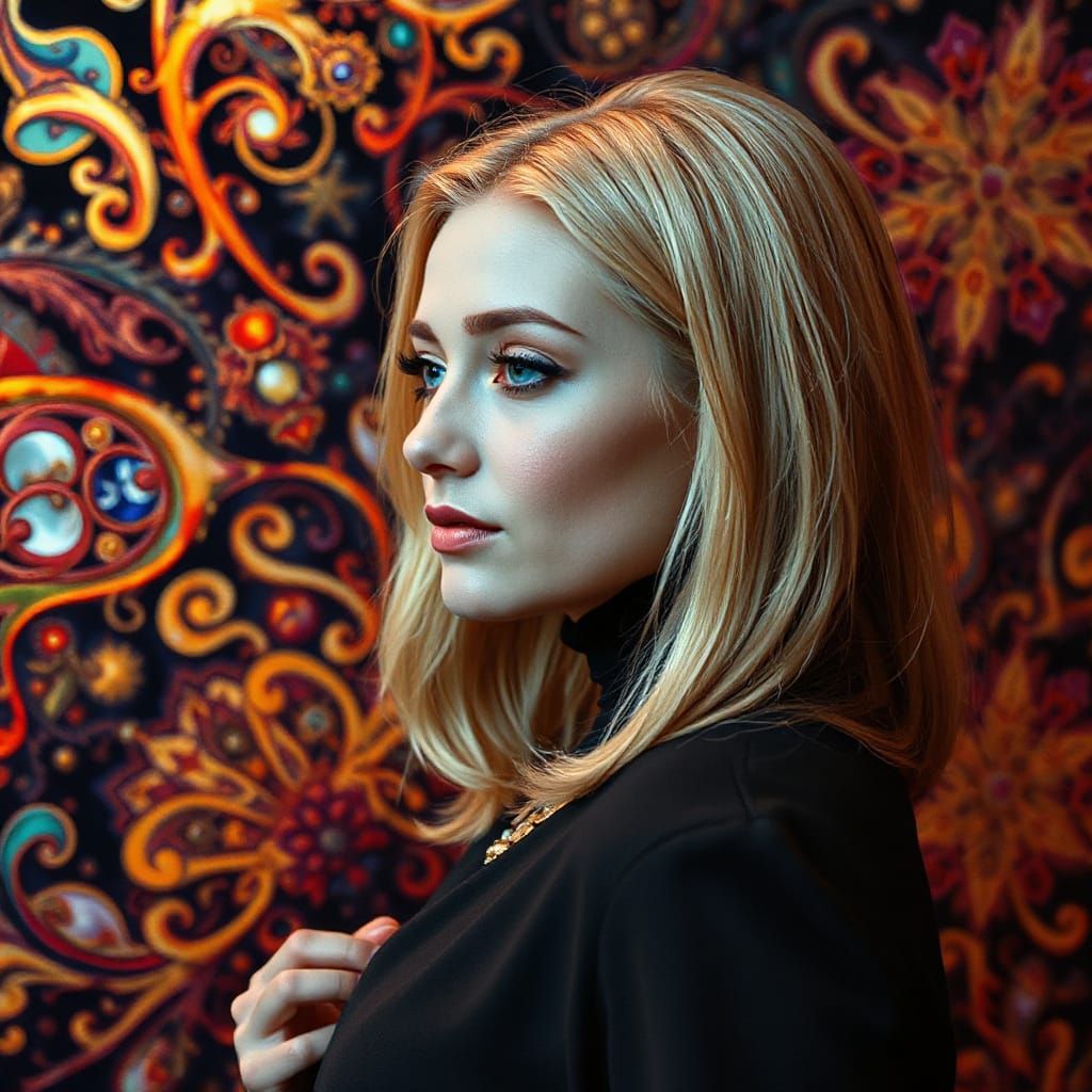 Elegant Blonde Portrait with Abstract Fractal Background