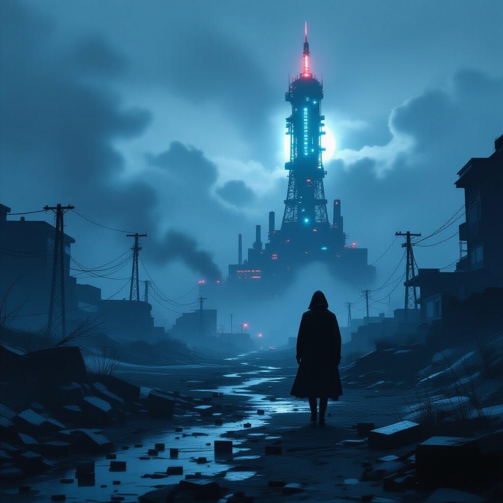 Cyberpunk Landscape with Broken Data Cables and Server Tower