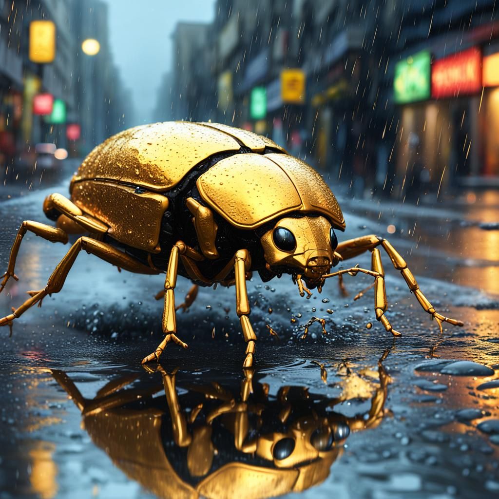 Golden Beetle in Rainy Street: Hyperrealistic Splash Art