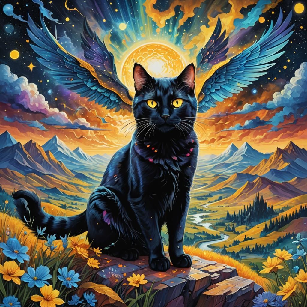 Cosmic Black Cat with Blue Wings in Colorful Landscape