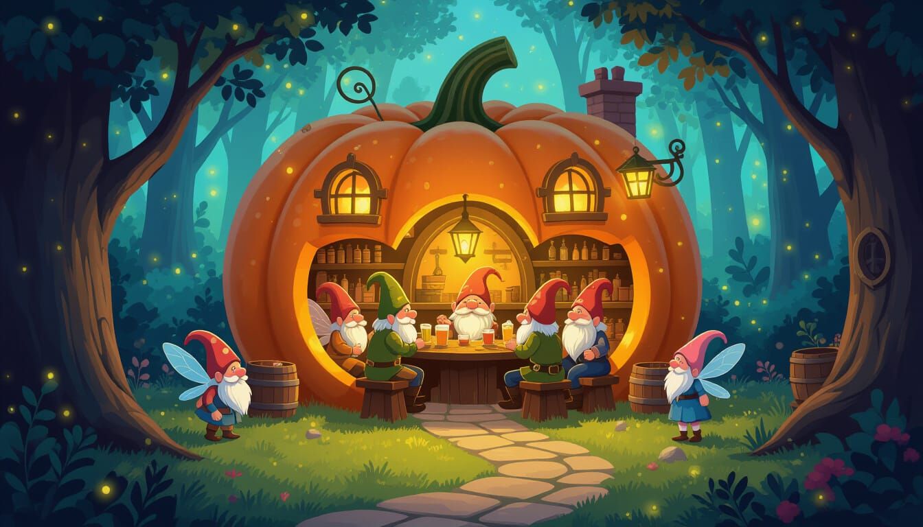 Whimsical Pumpkin Tavern in Enchanted Forest Clearing