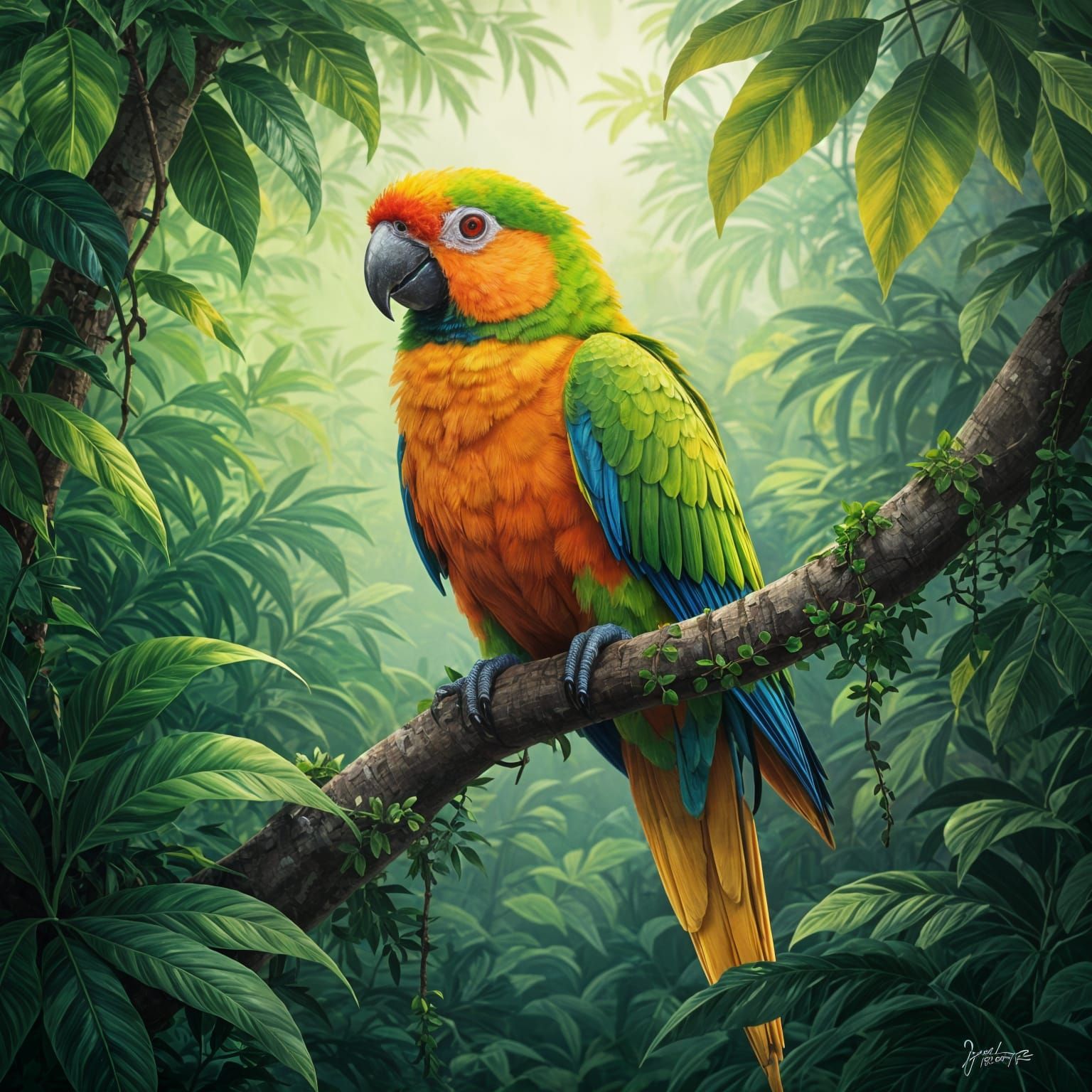 Neon Parrot in Jungle Tree, Detailed Oil Painting