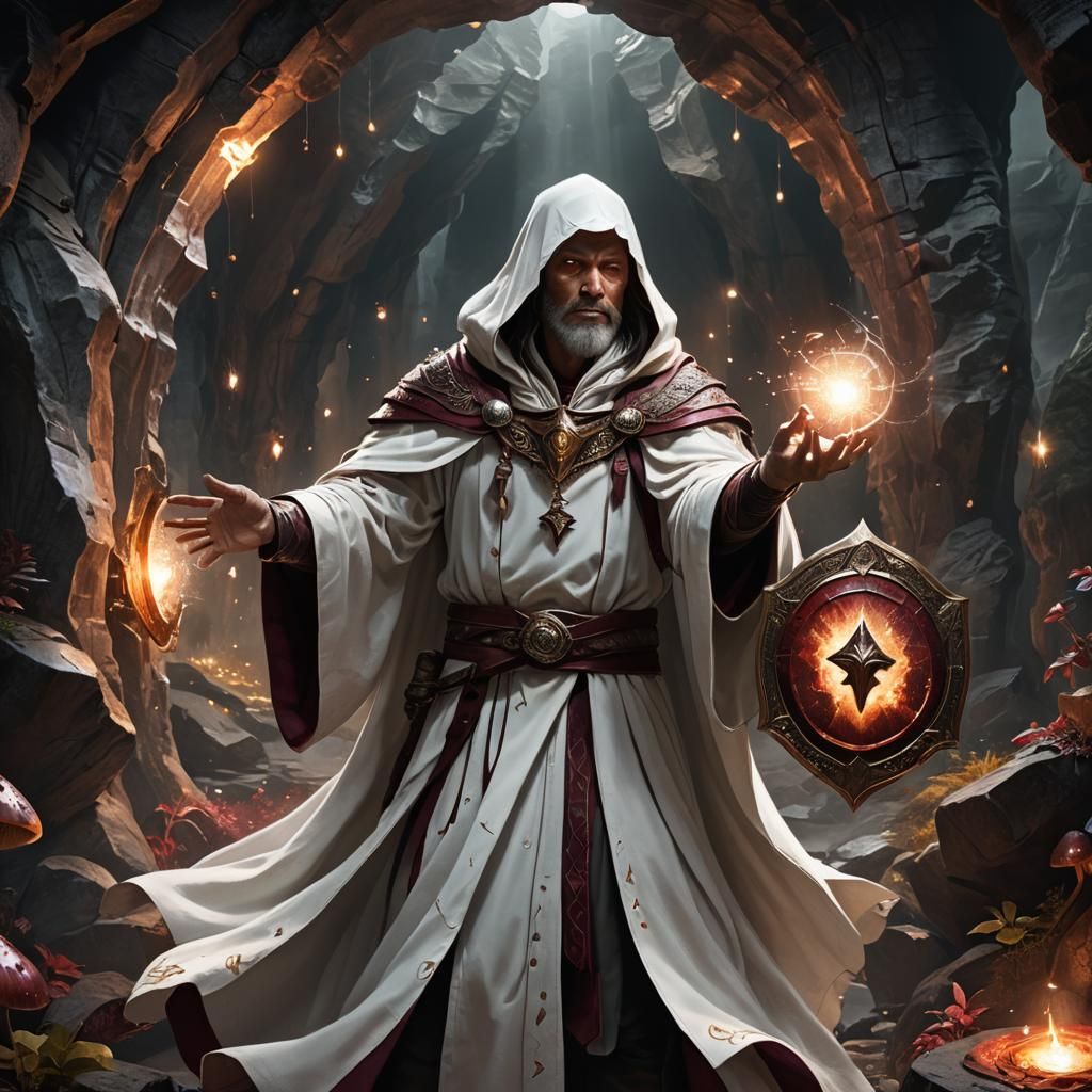 Human Wizard Casting Shield Spell in Cave