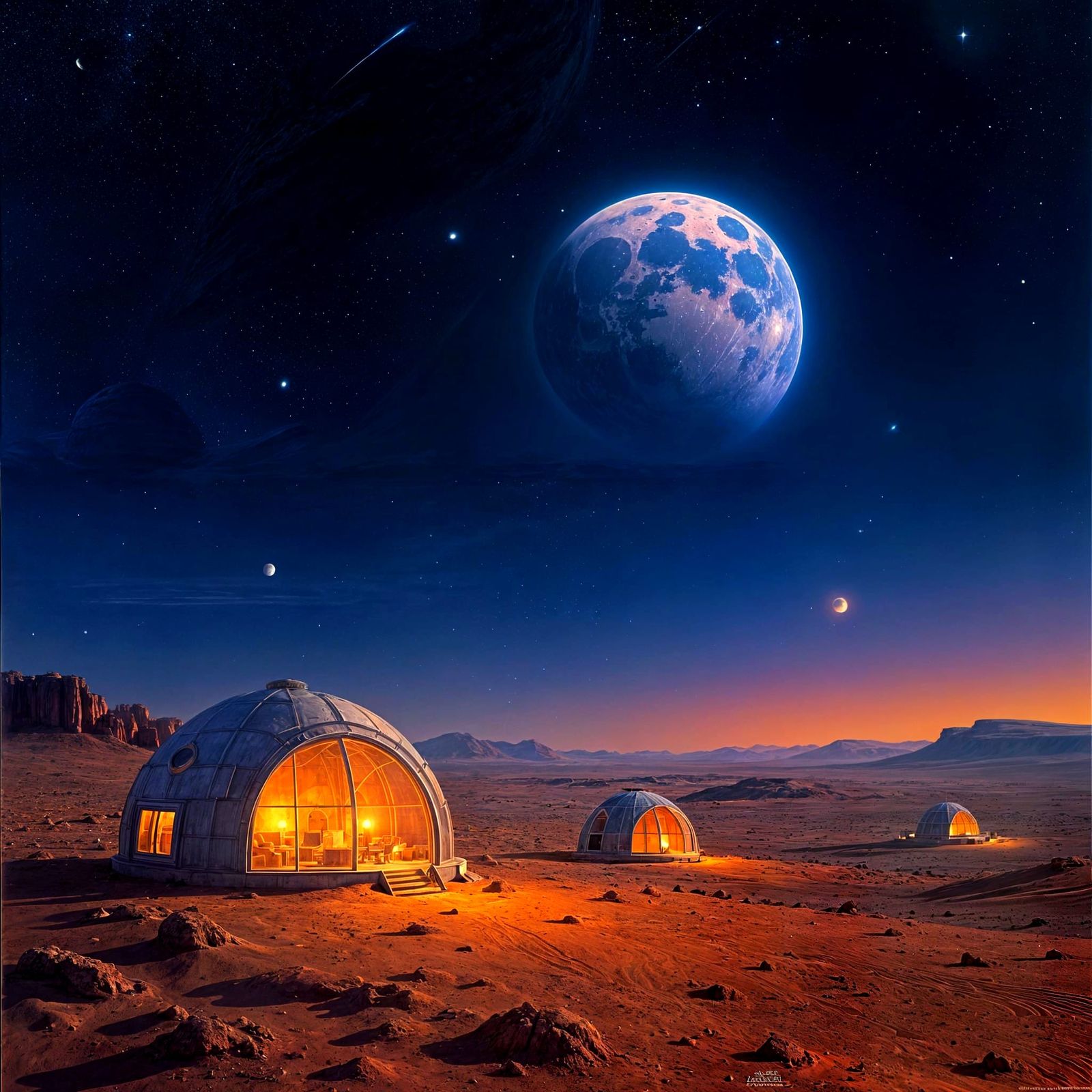 Mars Colony at Night with Earthrise, Poetic Art Style