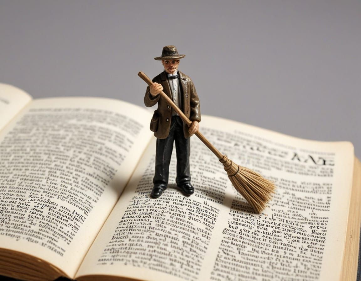 Macro Photo of Miniature Figure Sweeping Dictionary