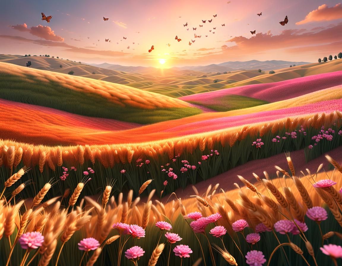 Rolling Wheat Fields with Pink Flowers at Sunset