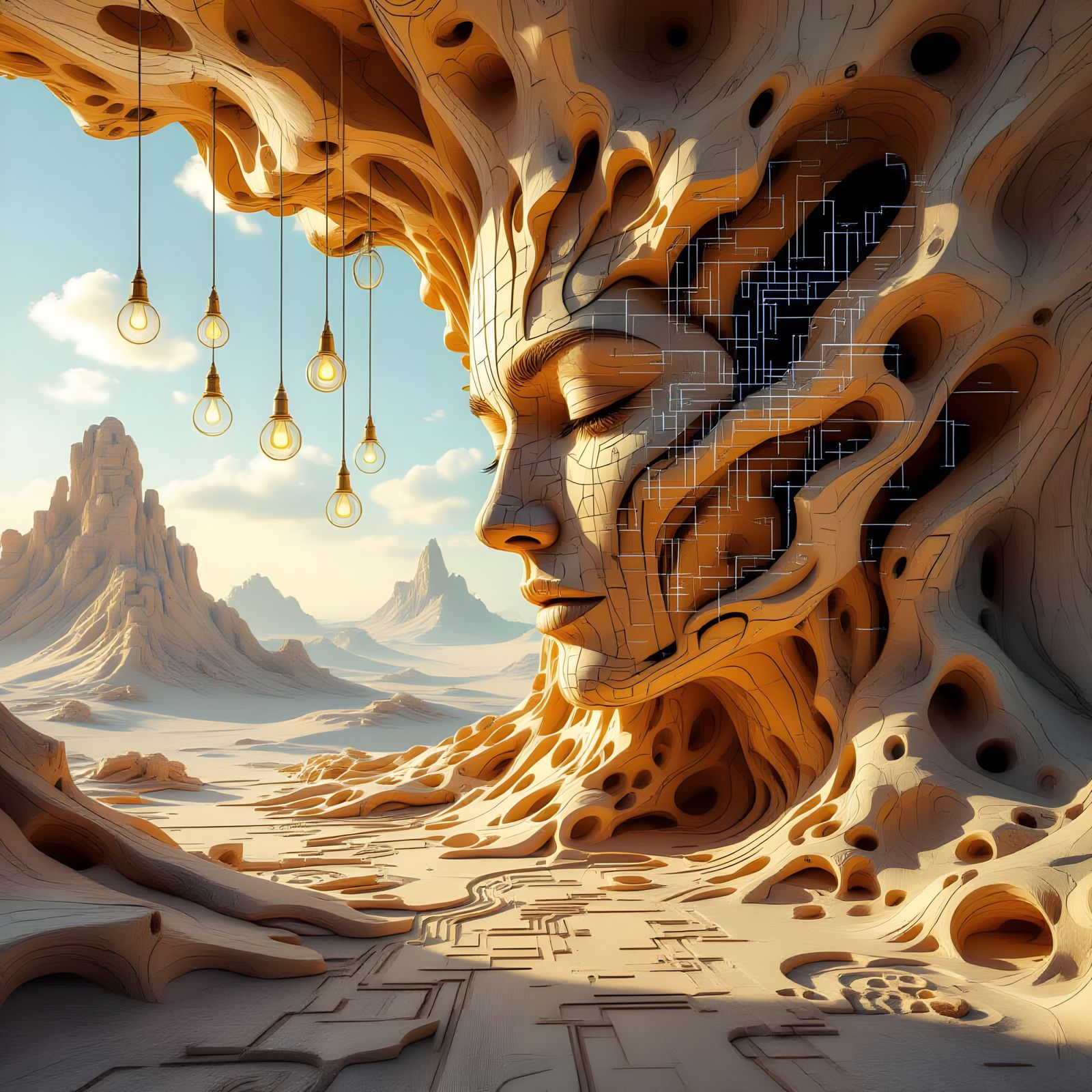 Surreal Woodwork Landscape with Circuit Diagram in Digital R...