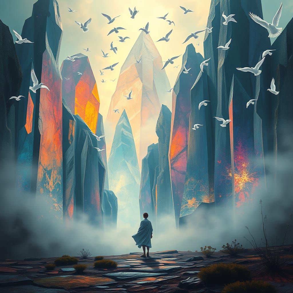 Crystal Landscape with Figure, in Abstract Style