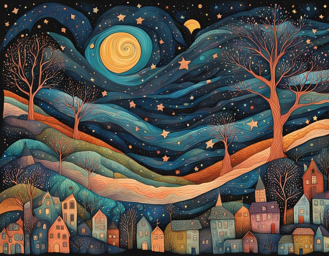 Vibrant Starry Night Landscape Illustration